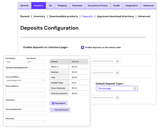 Deposit configuration options on the checkout page