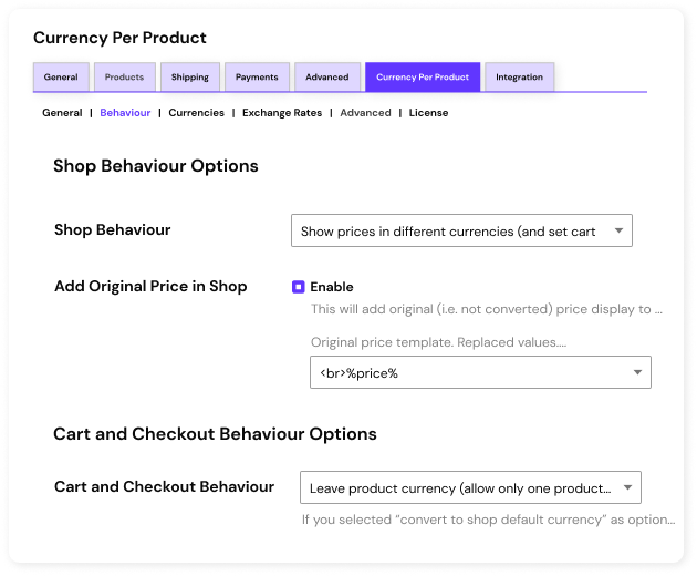 Customize cart, checkout & shop behaviors option in currency per product for woocommerce