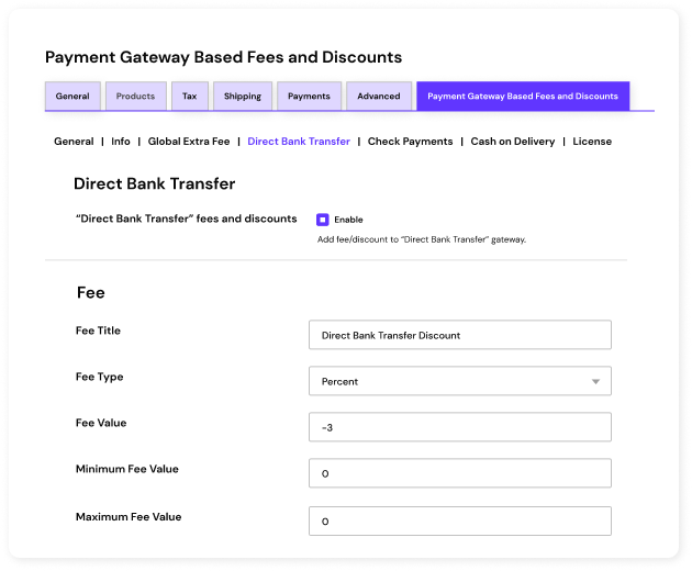 Extra fees or discounts for payment gateways settings