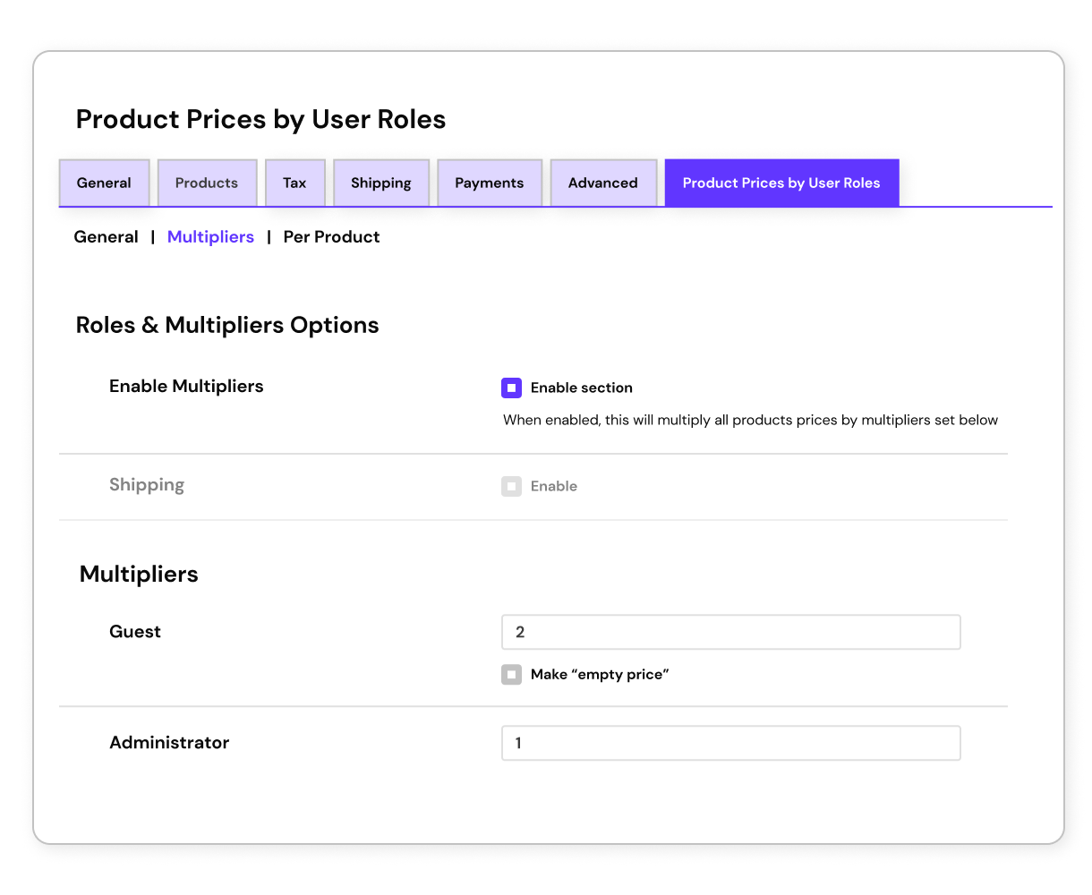 Price multipliers option in woocommerce product price by user role