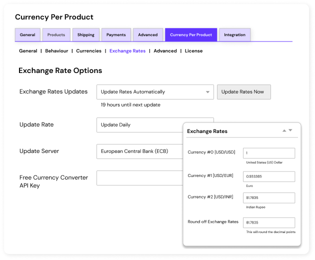 Set up exchange rates for currency per product for woocommerce