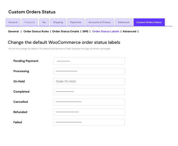 over ride woocomemrce order status labels
