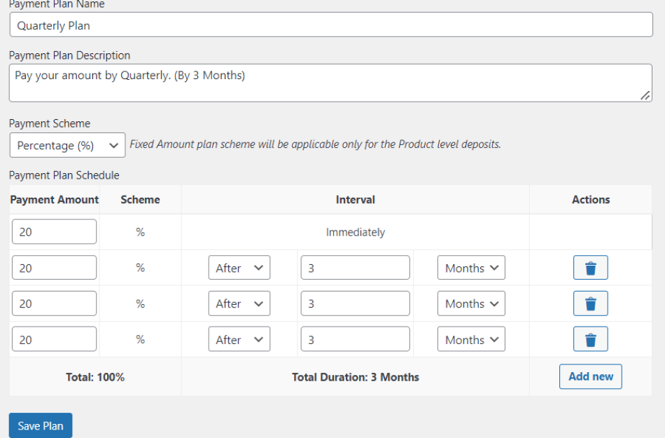 how to add a new payment plan in Deposit for Woocommerce plugin