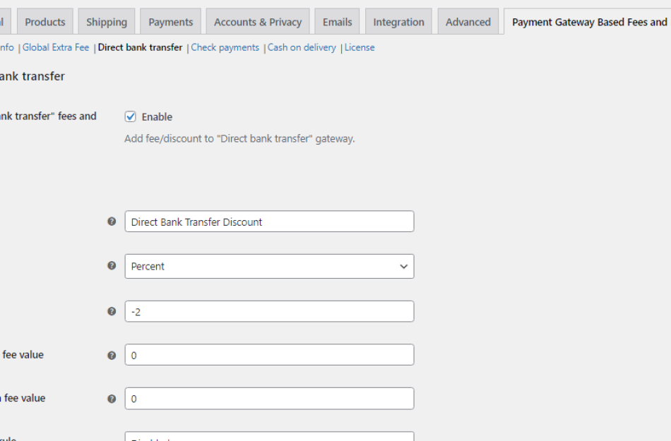 Payment Gateway Based Fees and Discounts for WooCommerce Direct bank transfer settings