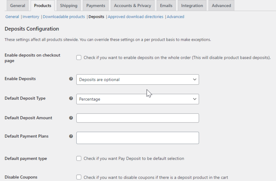 Deposit for woocommerce products settings
