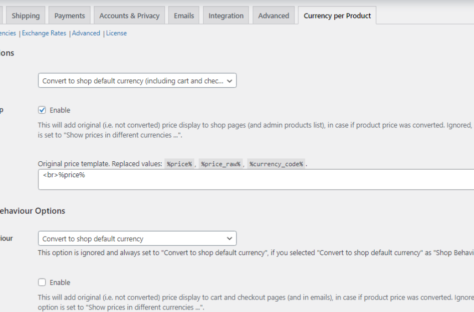 Show the behaviour option in Currency per product for woocommerce plugin