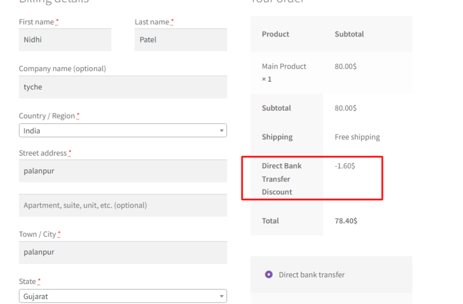 Payment Gateway Based Fees and Discounts for WooCommerce appearance on front end checkout page