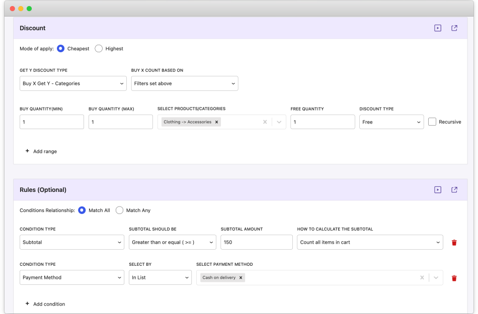 Flexi BOGO for WooCommerce - Subtotal and Payment Conditions