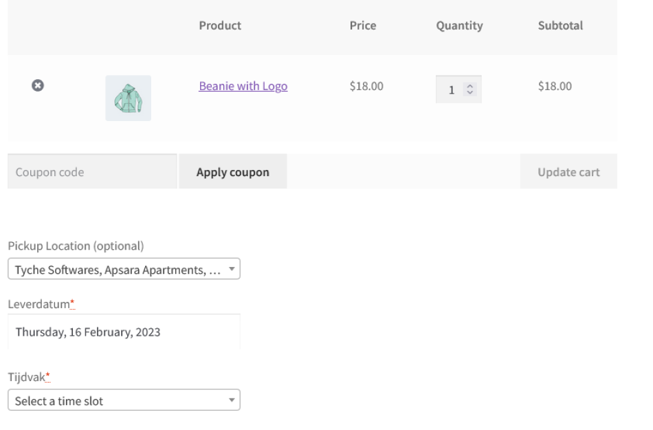date - time availability on cart page for selection