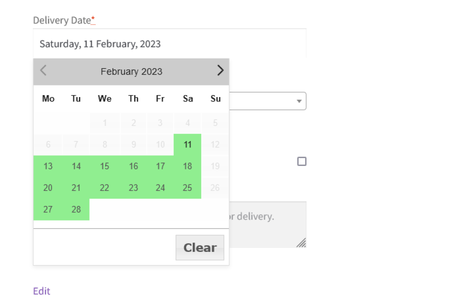 selecting date on the checkout page