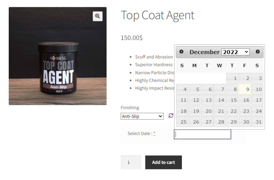 datepicker on product details page