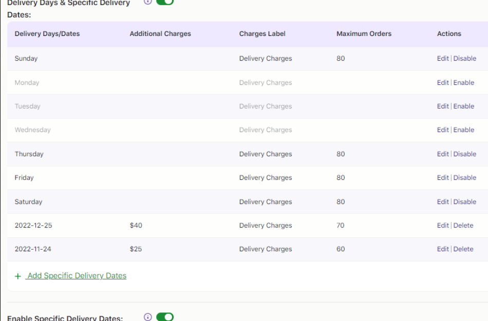 Delivery date and specific delivery dates settings available for users