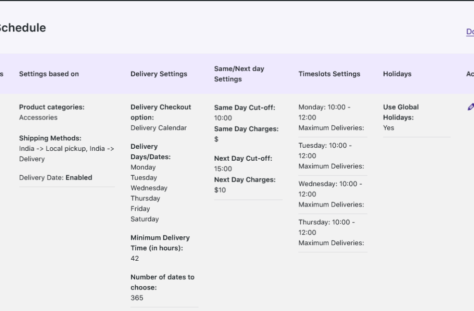 Delivery schedules settings