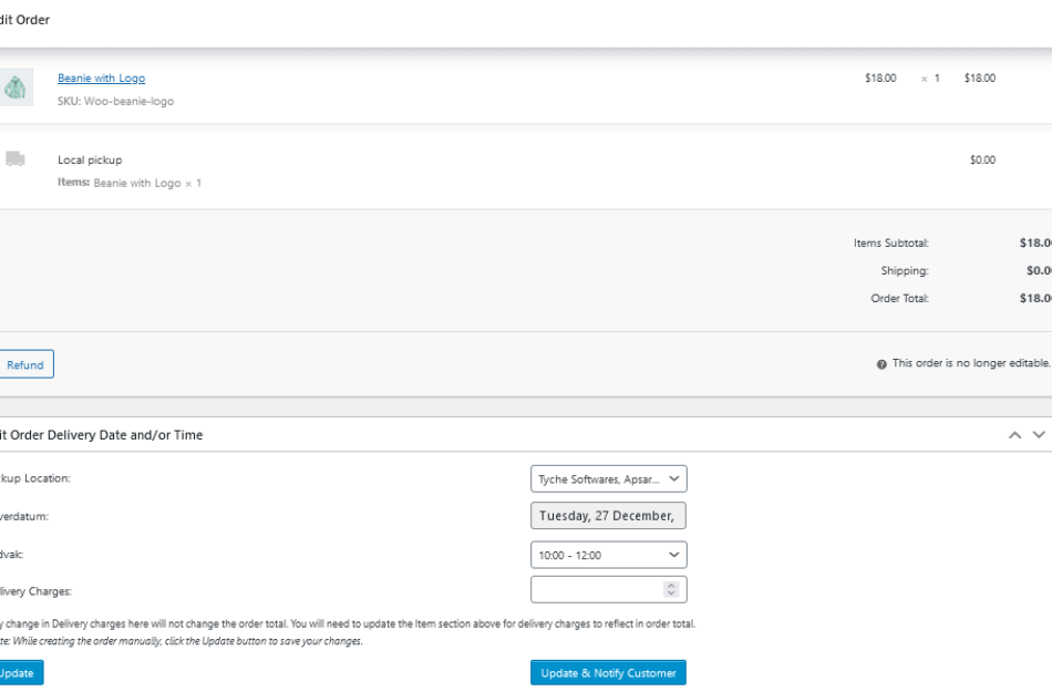 editing order delivery date and time