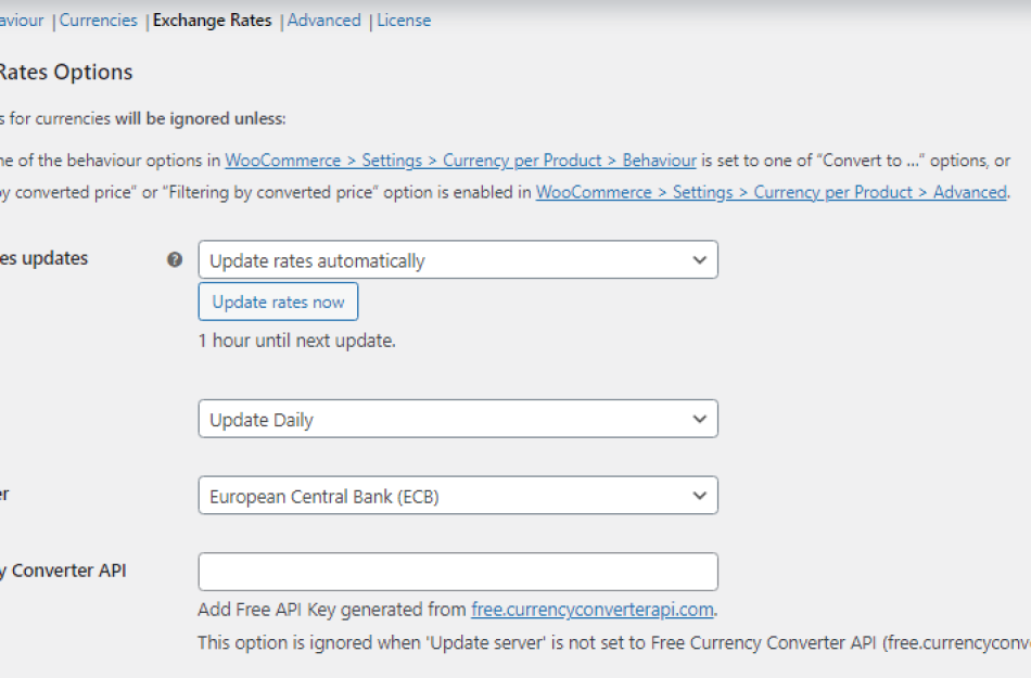 Exchange rates options in currency per product for woocommerce
