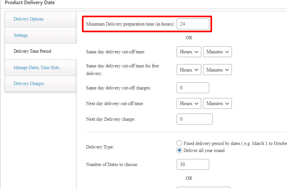 Setting for minimum delivery Preparation Time for products