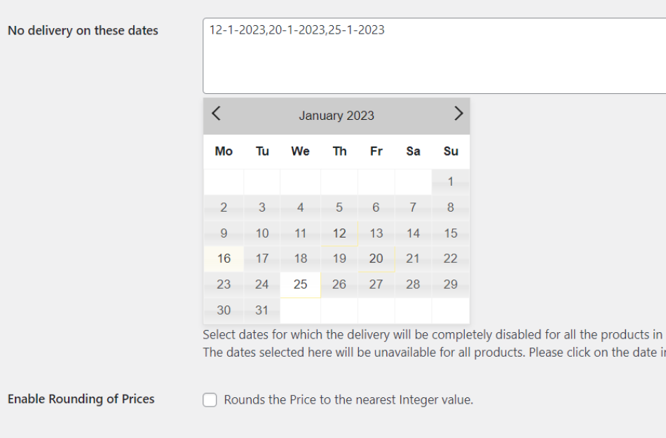 "No delivery on these days" settings