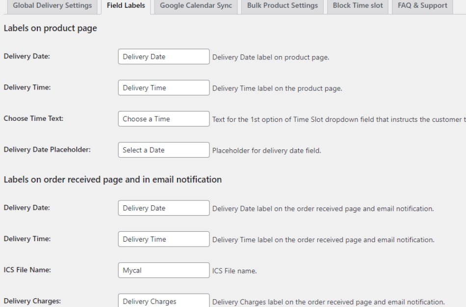 Field labels settings in product delivery date for woocommerce