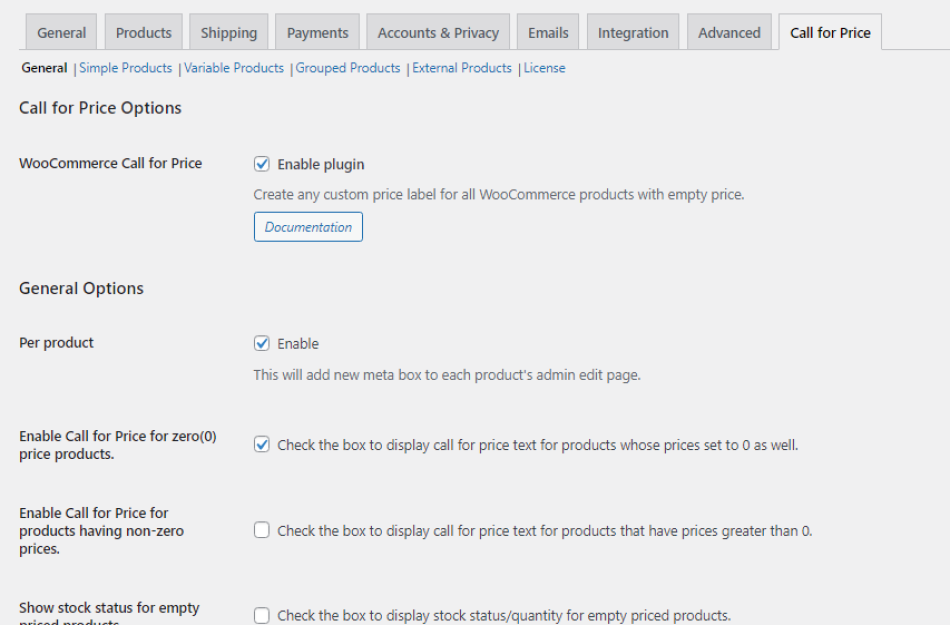 call for price options and settings