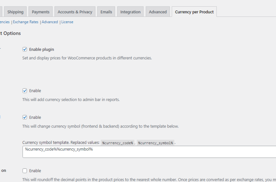 Currency per product for woocommerce plugin general settings