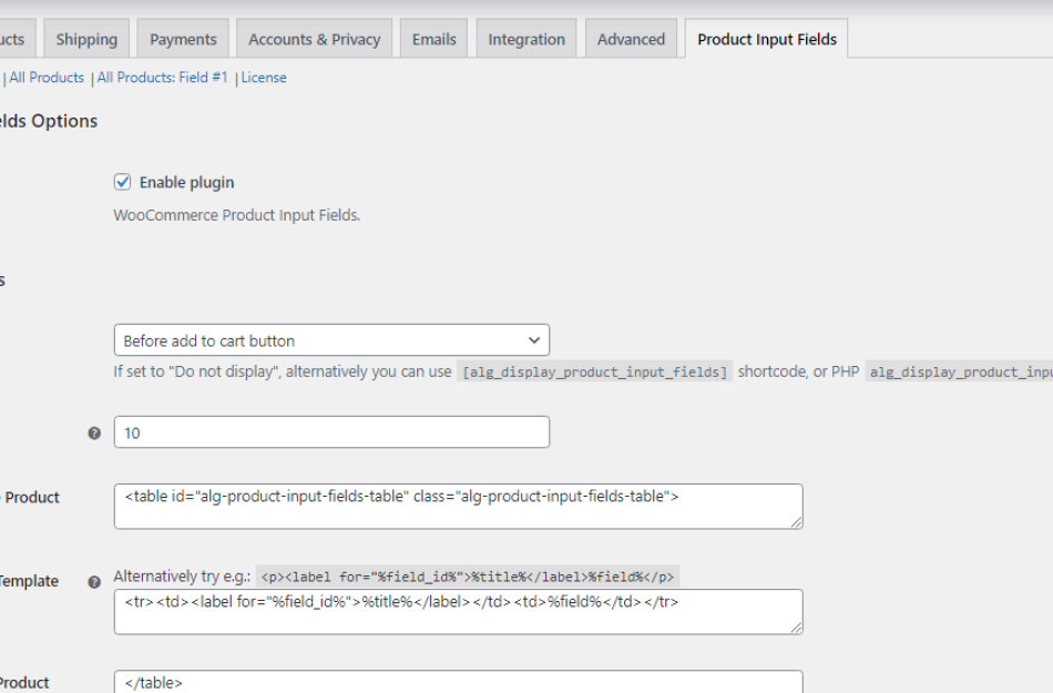 General settings in product input field for woocommerce