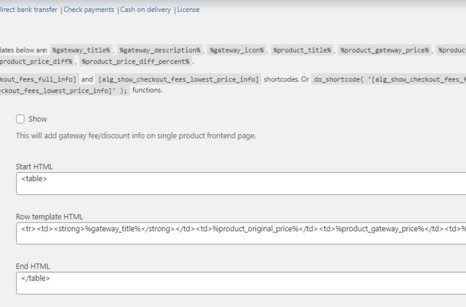Payment Gateway Based Fees and Discounts for WooCommerce information on single product