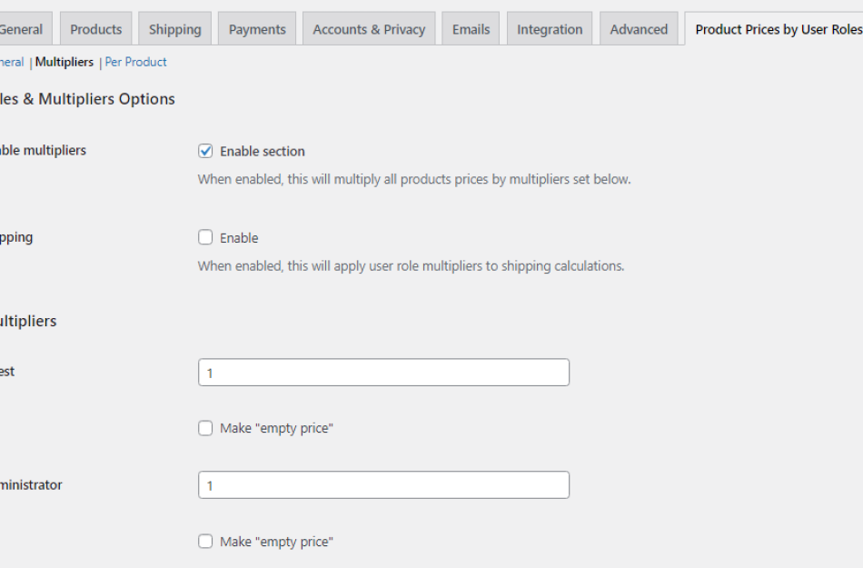 Roles and multiplier option in Product Prices by User Roles for WooCommerce