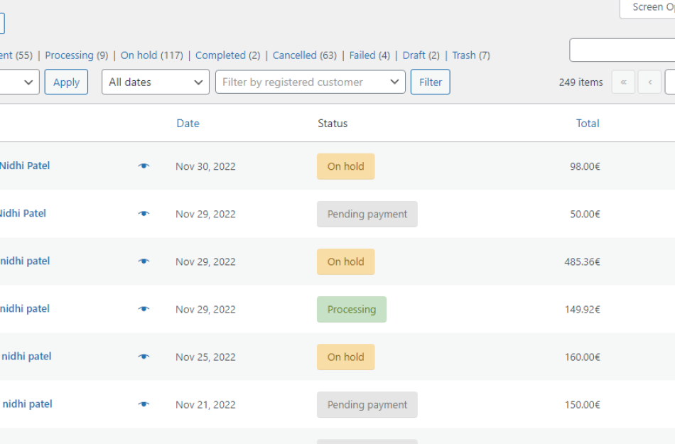 order statuses in woocommerce
