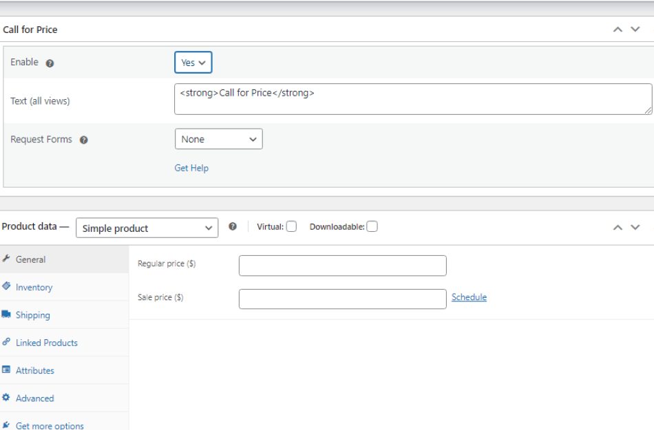 call for price per product settings