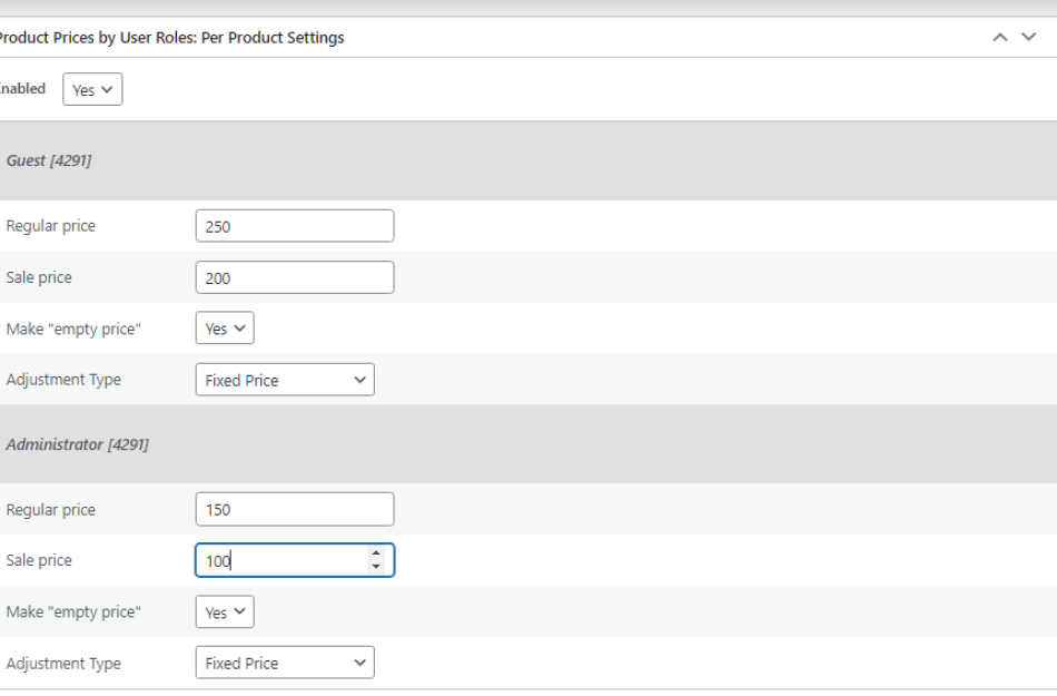 Product Prices by User Roles for WooCommerce per product settings