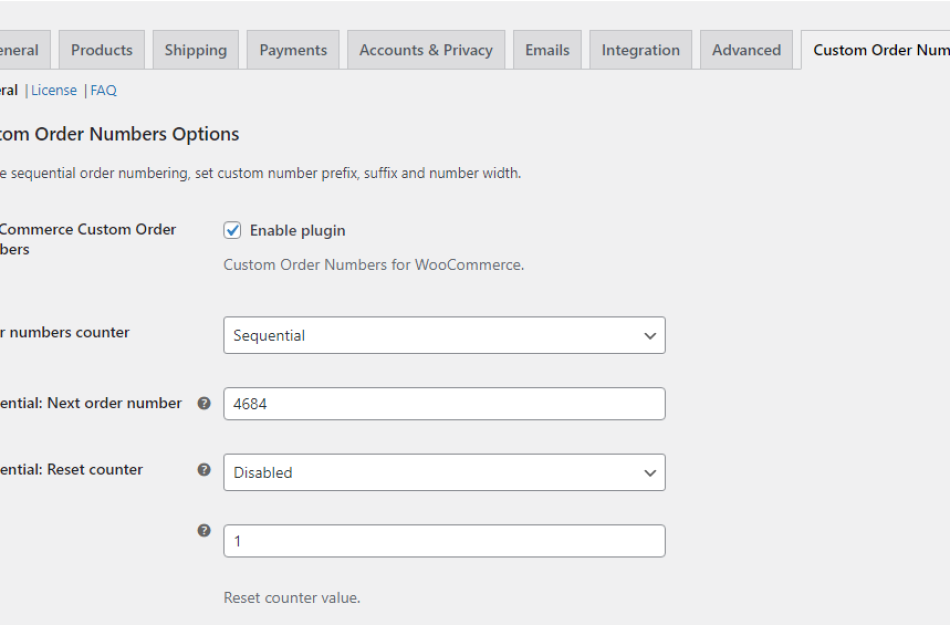 custom order numbers settings fields