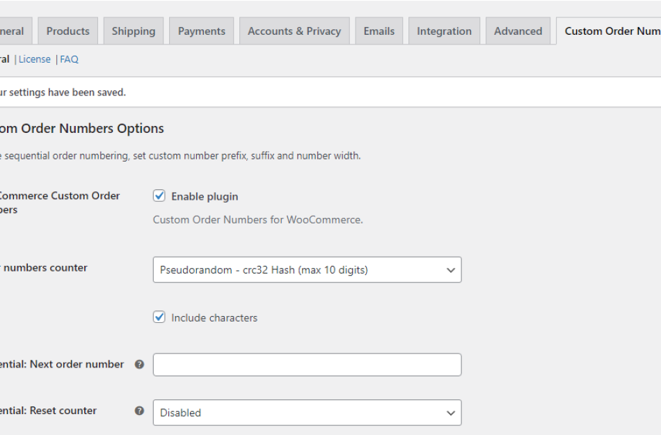 Custom order numbers for woocommerce options