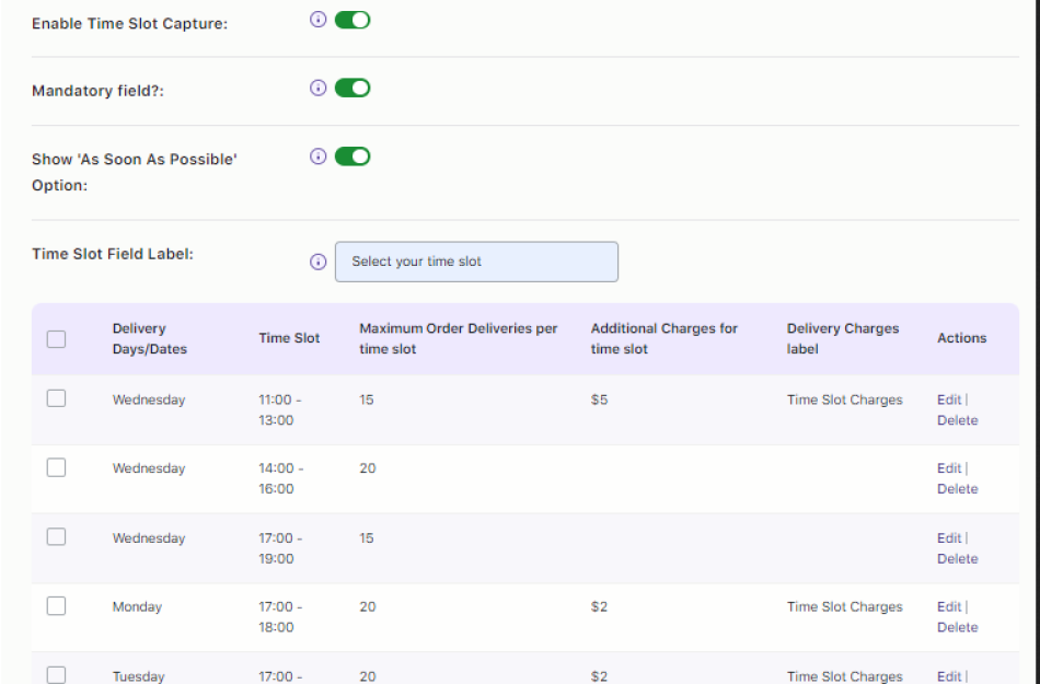 Time slots settings for customers